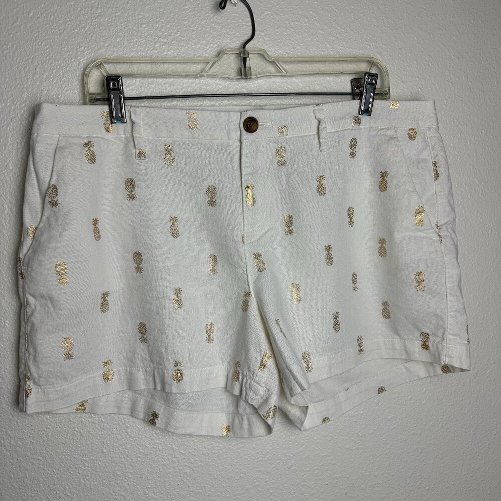 Old Navy White Linen & Rayon/ Viscose Shorts Gold Pineapple Print Size 14